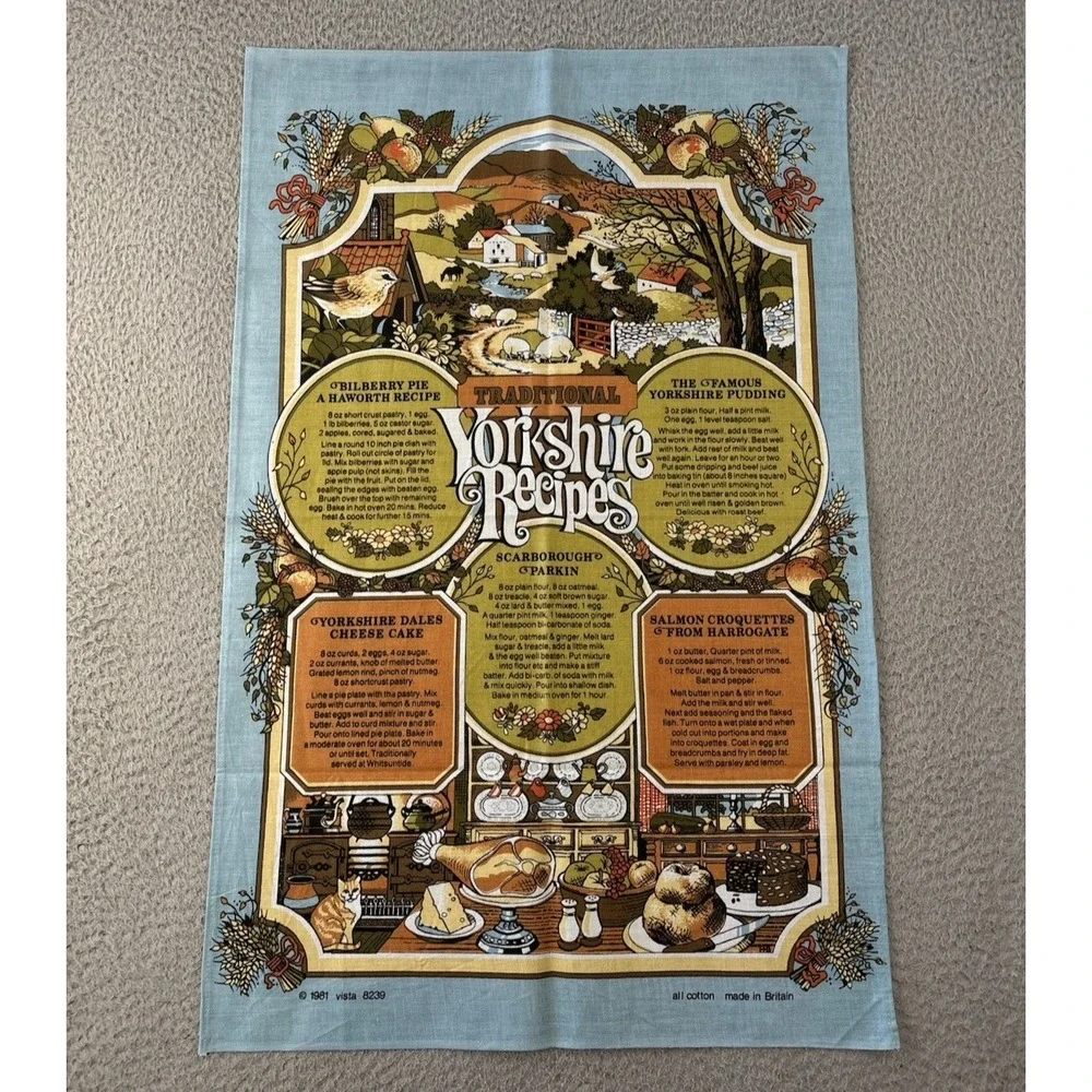 Vintage Traditional Yorkshire Recipes Tea Towel‎ 1981 Made in Britain by Vista